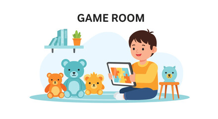 Fototapeta premium Boy Plays Puzzle Game On Tablet In Colorful Children's Room Setting