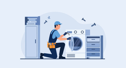 Appliance Repairman Inspecting And Fixing A Tumble Dryer In A Home Interior