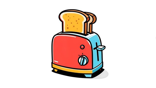 Colorful cartoon toaster with two slices of bread, a retro kitchen appliance illustration isolated on white.