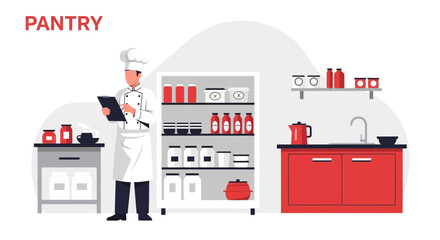 Fototapeta premium Chef Inspecting Pantry Items Inventory Checklist in Kitchen Setting Interior