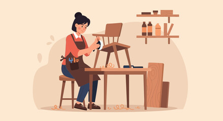 Artisan Woman Restoring Wooden Chair In Her Workshop In a Creative Way