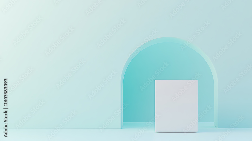 Poster clean, minimal product display with a white block and an arched shape on a light blue background, id