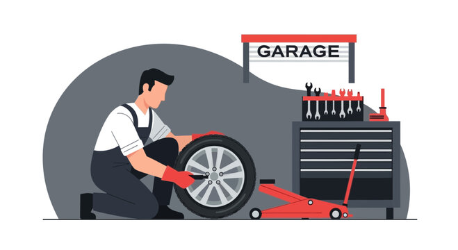 Auto Mechanic Changing A Tire In Garage Service Center Assistance Illustration