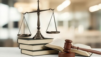 The iconic scales of justice rest upon a stack of law books, with a wooden gavel nearby, symbolizing the legal system and the pursuit of fairness
