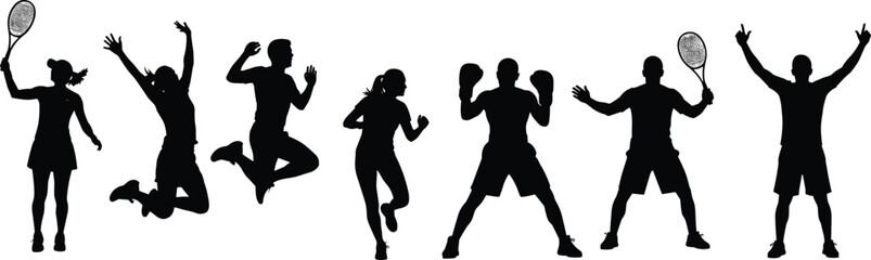 Obraz premium Cad drawing flat vector illustration of sports silhouettes including boxing, tennis, running, jumping and fitness workout in black style