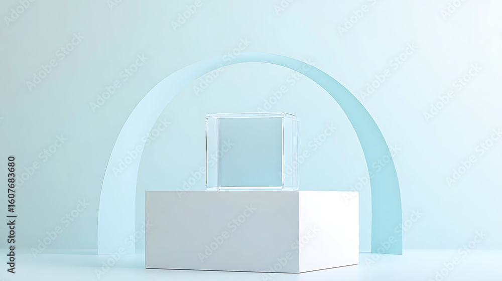 Fototapete minimalist presentation: a translucent cube rests on a white block, framed by a soft blue arch, crea