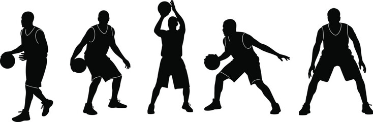 Cad drawing flat vector illustration, basketball player silhouettes, dynamic action poses, dribbling, shooting, defense, sports motion, athletic concept
