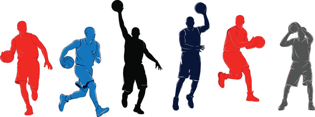 Colorful silhouette set of basketball players dribbling and shooting ball in dynamic poses with isolated transparent background vector illustration