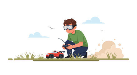 Boy With Vr Goggles Playing With A Radio Controlled Car Outdoor