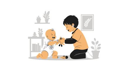Naklejka premium Brother Playing Together With Younger Sibling At Home In Drawing Style