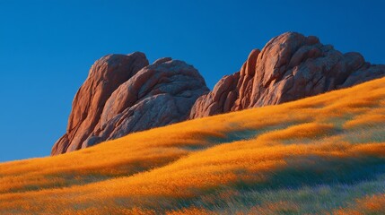 Golden Hills and Rocky Peaks Under a Vivid Blue Sky
