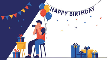 Birthday Celebration With Man Blowing Horn And Decorations Background Graphic