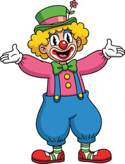 Cheerful cartoon clown character with red nose, yellow curly hair, colorful outfit, wide smile vector for kids party, decor, poster