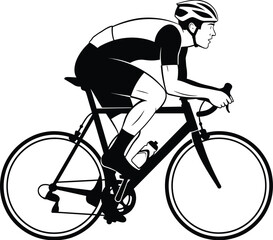 Cyclist riding road bike in action pose silhouette, aerodynamic gear vector artwork for sports athlete icon, outdoor fitness concept