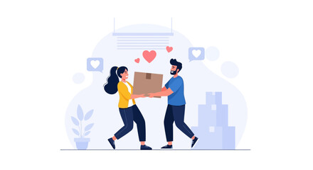 Fototapeta premium Couple Moving Into New Home Sharing a Box Full of Love Together