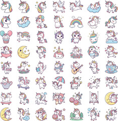 Cute unicorns with rainbow manes and tails in various poses fantasy magical