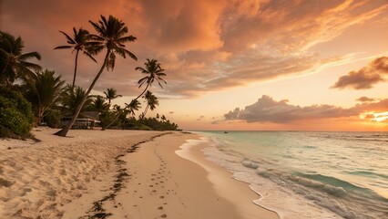 Serene tropical beach at sunset with palm trees and tranquil ocean waves