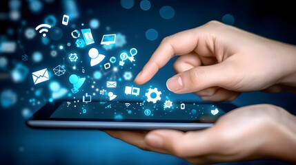 Digital Connectivity and Communication: Hands Interacting with Glowing Technology Icons on Tablet, Global Network