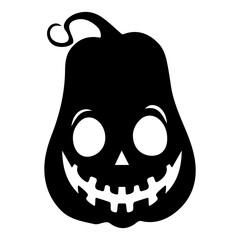 Stylized black silhouette of Halloween pumpkin with creepy smiling face, ideal for spooky themed designs and decorations. Vector art