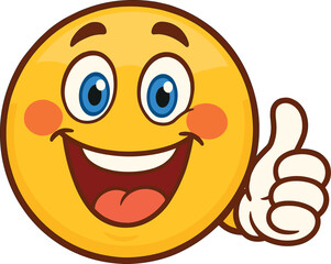 Expressive cartoon emoji face with thumbs up, tongue out, happy mood, fun vector icon for app, sticker, digital communication