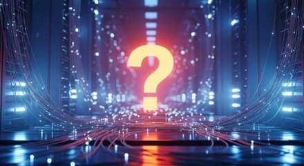 Glowing question mark amid data cables in blue futuristic tunnel