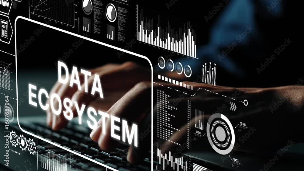 Poster modern data ecosystem concept with hands on keyboard and digital analytics visualizations for techno