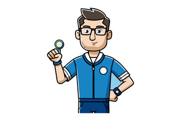 A friendly cartoon man wearing glasses and a blue uniform holds a small object in his hand