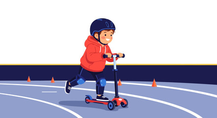 Obraz premium Boy Enjoys Scooter Ride in Training Area for Practicing Balance And Coordination