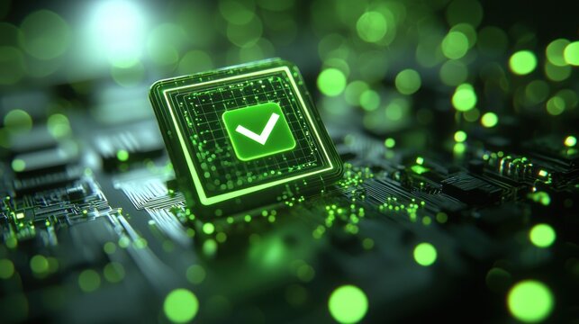Green checkmark on illuminated circuit board, bokeh lights background