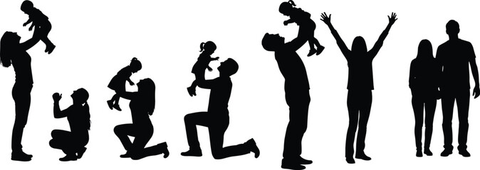 Cad drawing flat vector illustration, parenting silhouette poses, lifting child, bonding moment, joyful interaction, family lifestyle, dynamic movement, emotional sketch