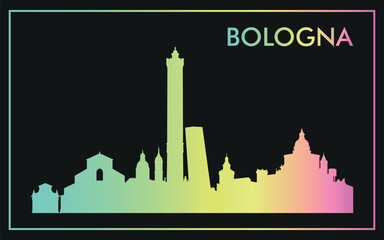 stylized silhouette of Bologna's skyline against a black background with a gradient color effect from teal to pink. © Dima