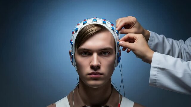 A scientist carefully adjusts electrodes on a young mans head wearing an eeg cap for brain research
