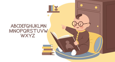 Charming Baby Illustration Discovering Alphabet With Book In Cozy Room Setting