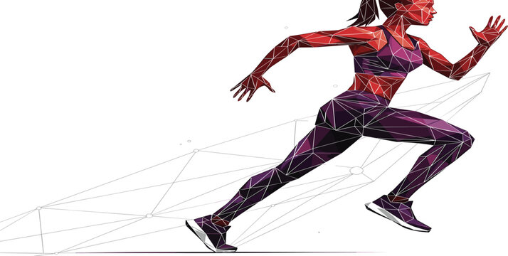 Geometric cad vector illustration of abstract female runner silhouette in dynamic pose wearing patterned sportswear and athletic shoes