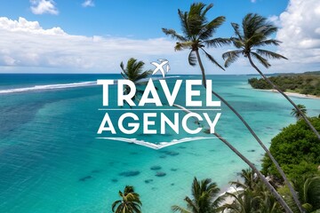 Text Travel Agency Logo ocean palm trees beach vacation trip company cruise nature booking banner hotel design service agency tour background template concept tickets travel art holiday marketing 