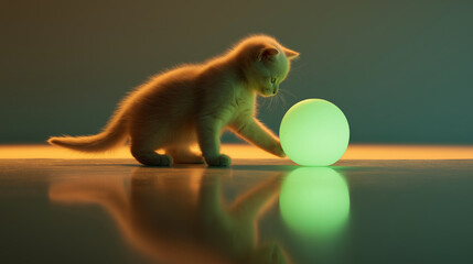 A curious fluffy kitten playing with a glowing green orb on the floor.