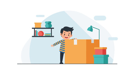 Boy Moves In And Unpacks Boxes At Home With Happy Expression