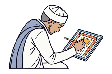 Man in traditional arab clothing holding a falcon on his hand in a desert landscape