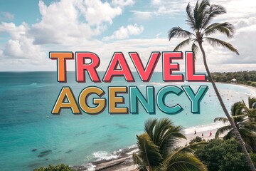 Text Travel Agency Logo ocean palm trees beach booking art service company tour template travel cruise background resort marketing nature hotel design concept banner agency vacation trip tickets