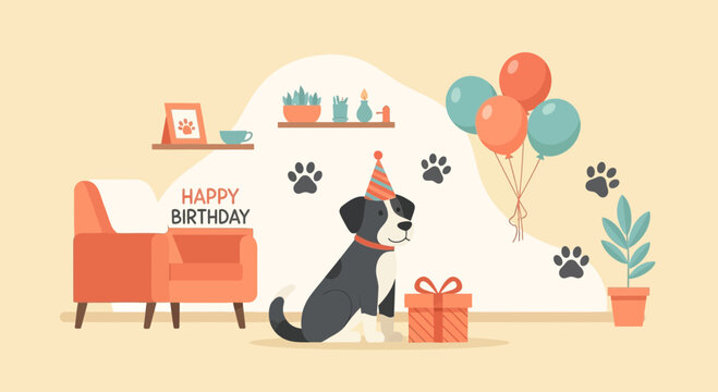 Cheerful Birthday Celebration Featuring a Dog with a Hat and Balloons