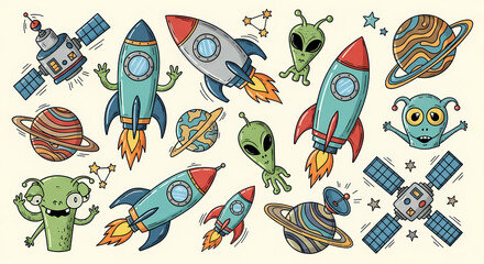 Set of quirky space exploration illustrations. Doodle drawings of retro rockets, aliens, planets, and satellites. Sci-fi comic book style with a vintage touch