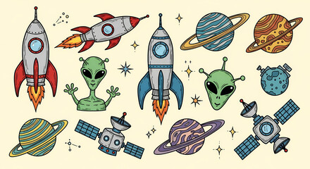 Set of quirky space exploration illustrations. Doodle drawings of retro rockets, aliens, planets, and satellites. Sci-fi comic book style with a vintage touch