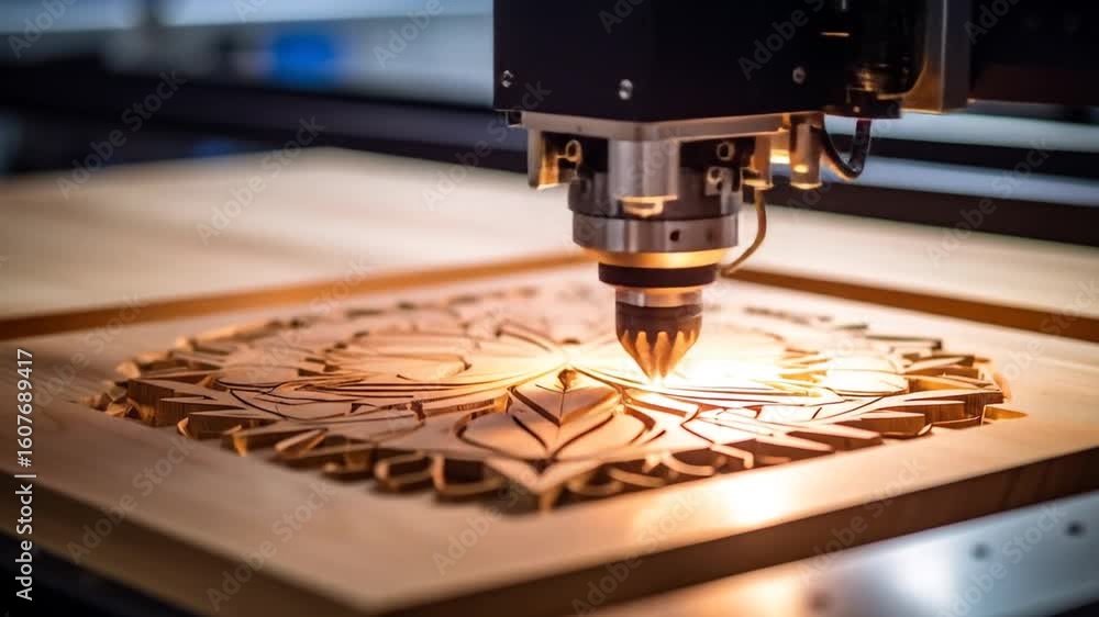 Poster close up cnc machine engraving intricate wooden design with precision cutting and automated detailin