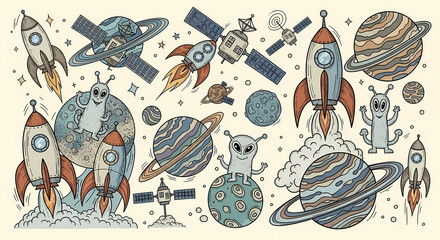 Set of quirky space exploration illustrations. Doodle drawings of retro rockets, aliens, planets, and satellites. Sci-fi comic book style with a vintage touch