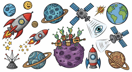 Set of quirky space exploration illustrations. Doodle drawings of retro rockets, aliens, planets, and satellites. Sci-fi comic book style with a vintage touch