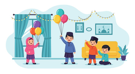 Cheerful Muslim Children Celebrating Festive Occasion With Balloons And Decorations
