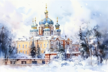 Obraz premium Watercolor illustration of an Orthodox church in winter. 