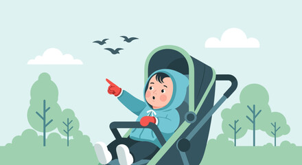 Curious Baby Discovering Nature's Wonders From Stroller During Outdoor Adventure