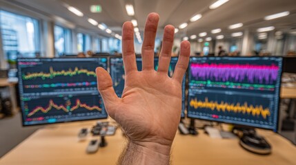 Hand in front of trading screens, office backdrop, bright workspace