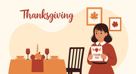 Cheerful Woman Holding Thanksgiving Greeting Card In a Cozy Home Illustration